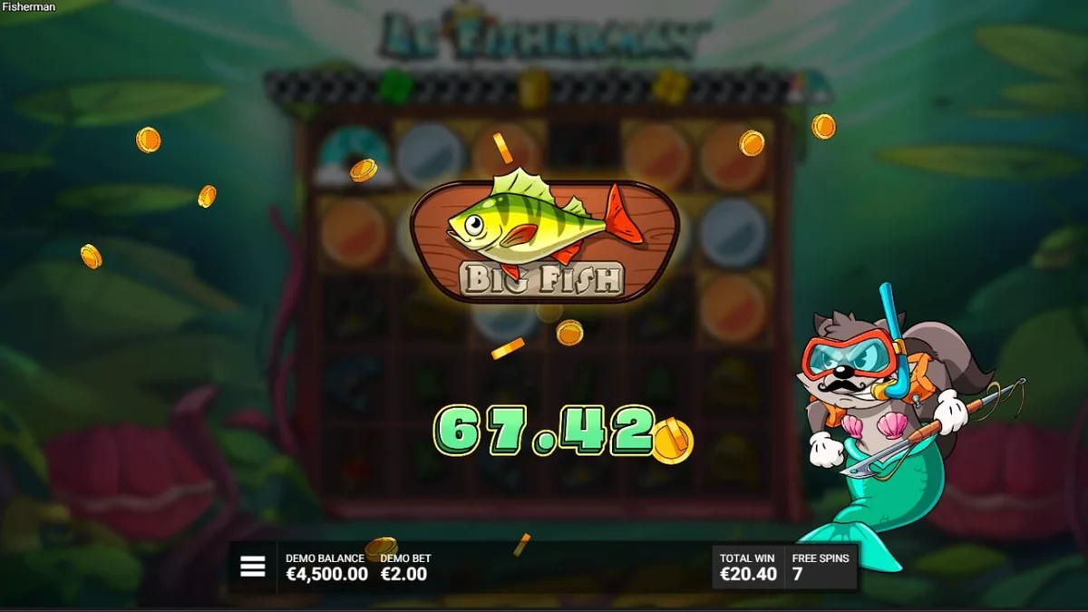 Smokey o guaxinim pescando em um cenário cartoonizado no slot Le Fisherman