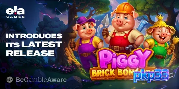 Interface do jogo Piggy Brick Bonanza com elementos de construção.